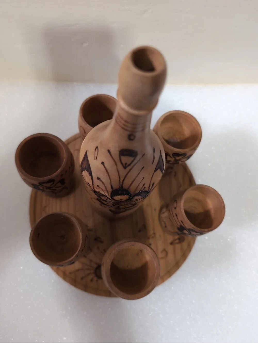 Vintage Wooden Pyrography Folk Art Decanter with 6 Stem Cups and Serving Tray